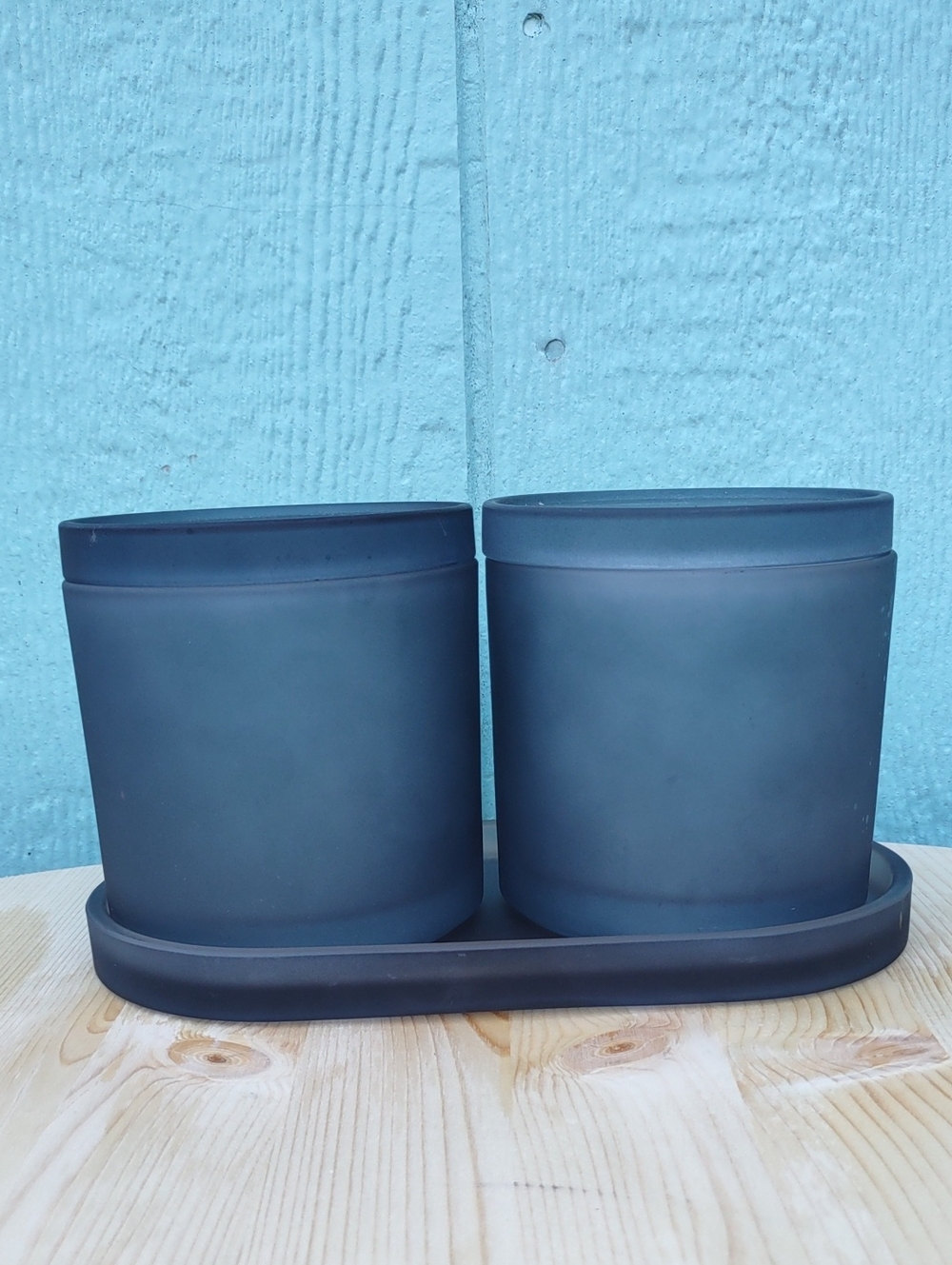 Matte Charcoal Ceramic Dual Candleholders with Tray - Home Accents